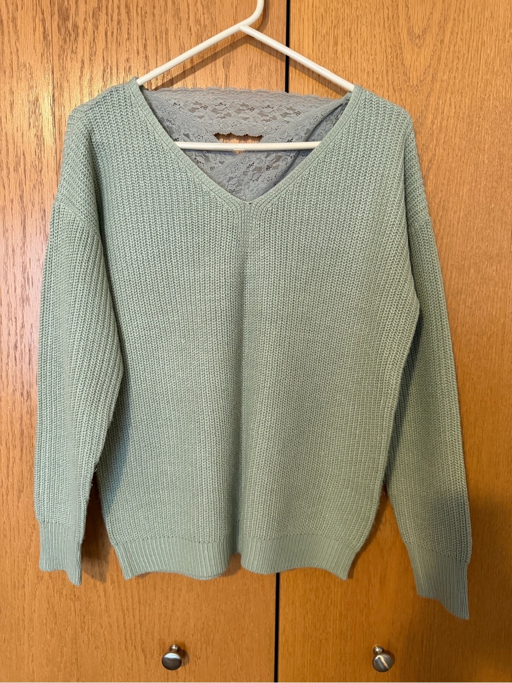 V-Neck Knit Sweater with Lace Back Detail - Sage Green
